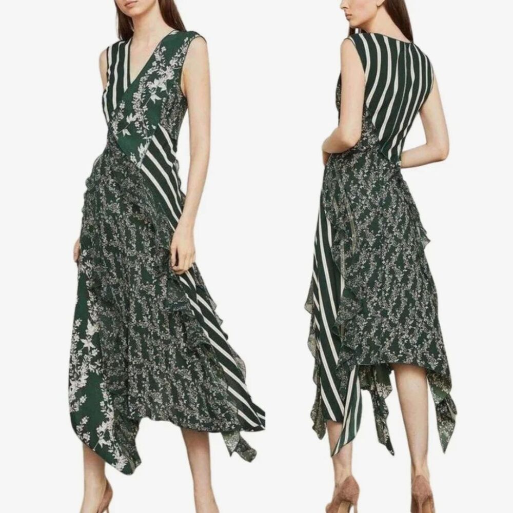 BCBGMAXAZRIA Mixed Print Asymmetrical Midi Dress Floral Striped Ruffle Size S